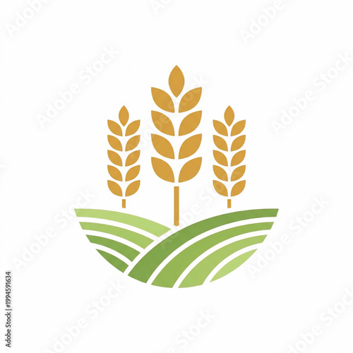 Wheat field emblem with three golden grain stalks and curved green farmland lines in a clean agricultural logo design.