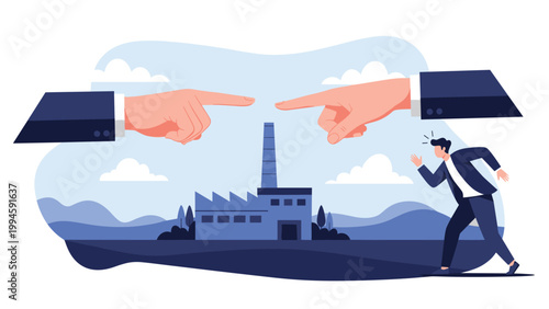 Businessman running away as two giant hands point at him in front of an industrial factory building backdrop.
