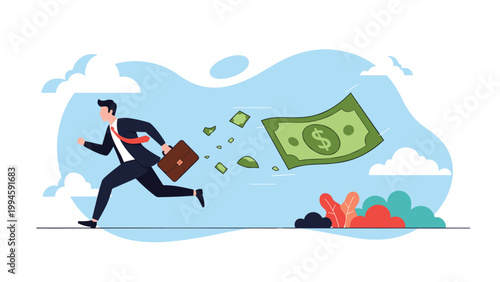Businessman running at high speed to escape a giant floating dollar banknote representing financial inflation.