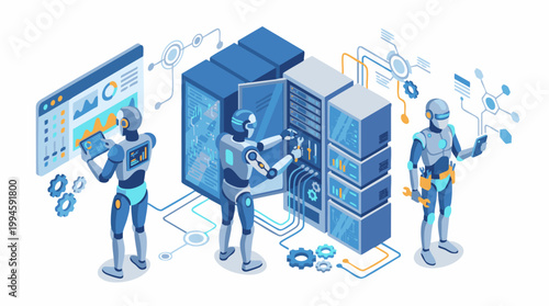 Three workers construct and repair large server systems with tools and screens