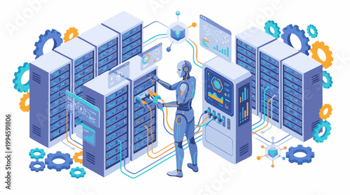 A robot interacts with multiple computer servers in a technology lab environment.