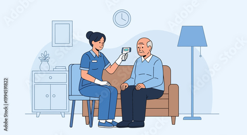 Nurse checks elderly man's temperature with thermometer, home care, health check