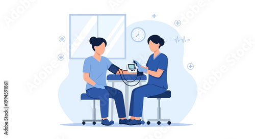 Nurse checks patient's blood pressure in clinic, medical checkup, healthcare concept