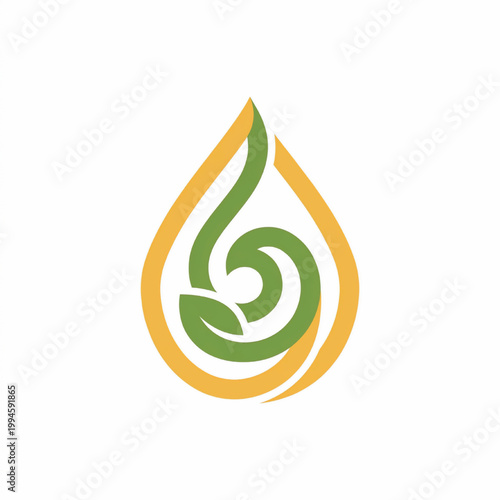 Water drop logo with green leaf swirl and golden outline for eco friendly sustainability branding icons