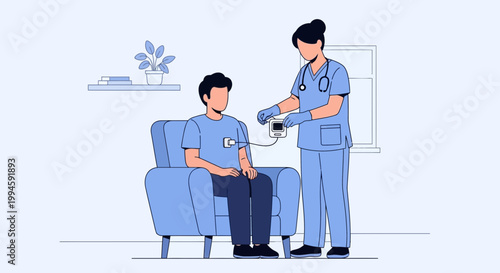 Nurse checks patient's blood pressure while sitting in a chair at home or clinic