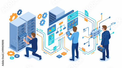 Three men working on technology project with servers and circuit board