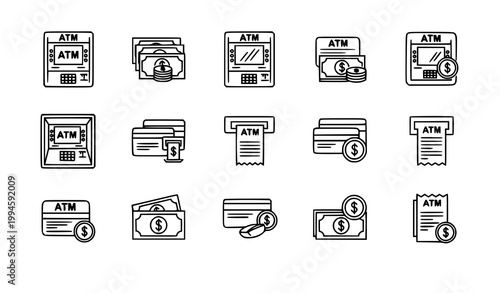 Rounded ATM icon set banking cash machine line vector isolated on white background