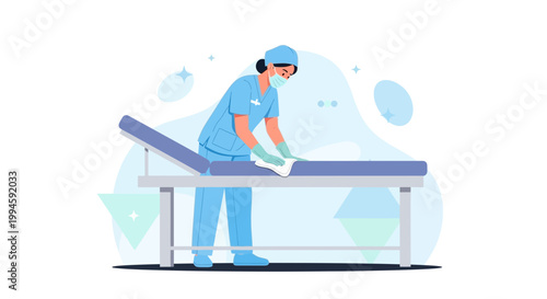 Nurse cleaning examination table in clinic, healthcare hygiene concept
