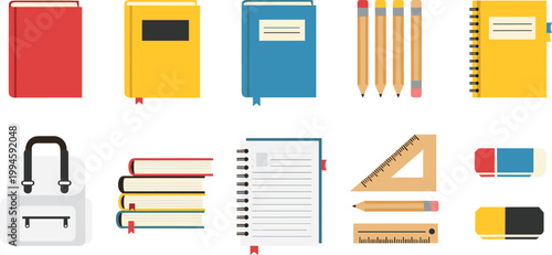 School Supplies Icons Vector Set with Notebooks, Pencils, Ruler, Backpack, and Stationery Tools for Education