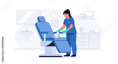 Nurse cleaning dental chair with disinfectant wipe, hygiene in clinic, healthcare concept
