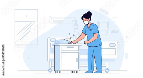 Nurse cleaning hospital room bedside table, healthcare hygiene and patient care concept
