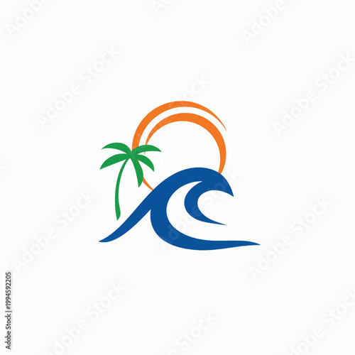 Wave logo with palm tree and circular orange ring icon for beach tourism and travel branding featuring resort, summer vacation, seaside with nautical