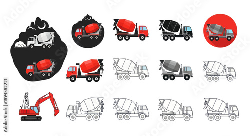 Cement Mixer Truck Icons and Construction Equipment Collection