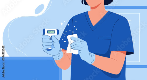 Nurse cleaning thermometer with disinfectant wipe, healthcare hygiene concept