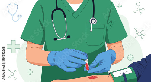 Nurse draws blood from patient for medical test, healthcare concept