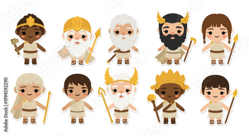 Konstfotografi Cute Cartoon Greek Gods Collection: Olympus Pantheon Characters with Symbols