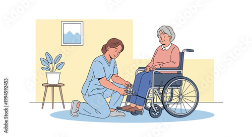 Nurse helping elderly woman in wheelchair with foot care, home healthcare assistance