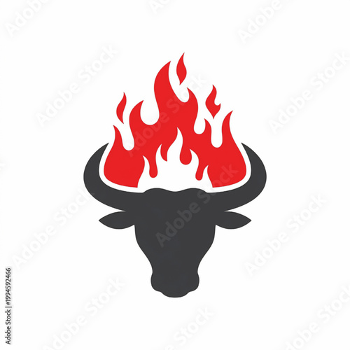 Fire flame icon with red flames and dark bull skull silhouette, handmade graphic for branding and decoration