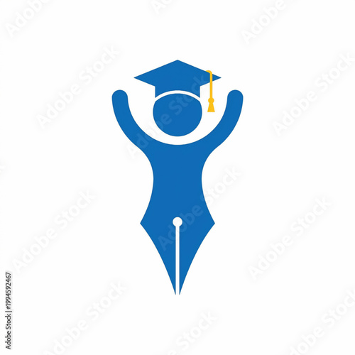 Graduation cap held by a blue abstract hand icon with yellow tassel and white highlight for education branding