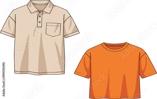 Men Casual T Shirt and Polo Shirt Vector Illustration with Short Sleeve Apparel, Pocket Detail and Plain Clothing Design for Fashion and Merchandising