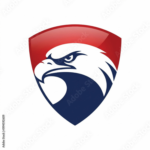 Eagle head logo with red shield and navy blue talons for sports branding and team identity featuring mascot, emblem, crest with esports and athletic