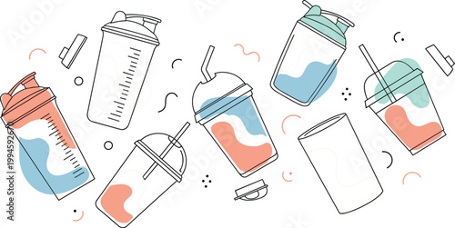 Protein shaker bottle illustration set featuring fitness drink containers with lids and straws in modern minimal flat design style