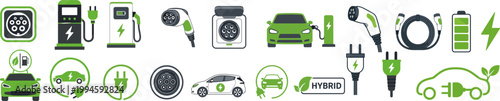 Flat electric vehicle charging station, plug, connector, battery and eco car icon collection in green and gray isolated on light background