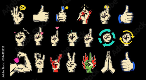 Diverse Hand Gestures and Icons Representing Various Emotions, Communication, and Symbols