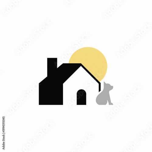 Home security icon with cat silhouette and glowing yellow sun background for protecting pets and property