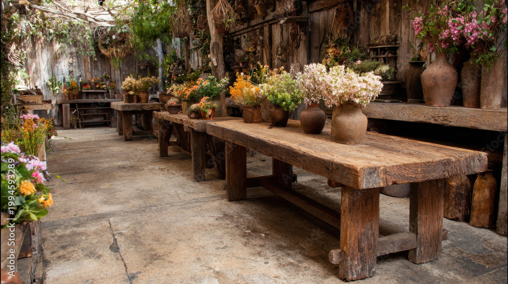 Fototapeta premium Rustic flower shop interior with wooden tables and fresh bouquets in vases creating a natural cozy artisan floral workspace