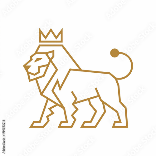 Lion king crown outline logo with minimal geometric brown line art for handmade project branding featuring emblem, mascot, template with vector style