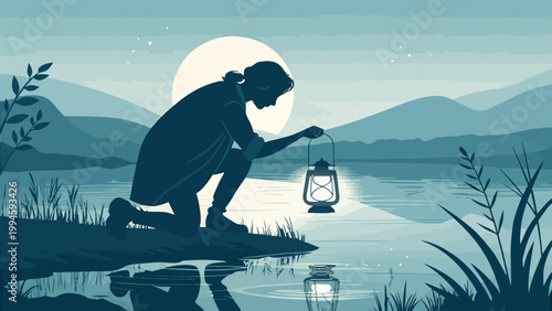 Silhouette of a person kneeling by a lake at night holding a glowing lantern under a full moon