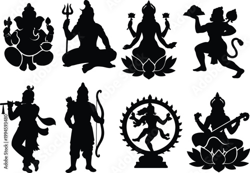Collection of eight black silhouette figures of Hindu deities and mythological characters Keywords