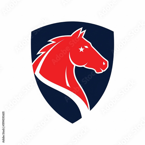 Horse head logo design with red and white shield shape, star details, and bold sports team emblem style