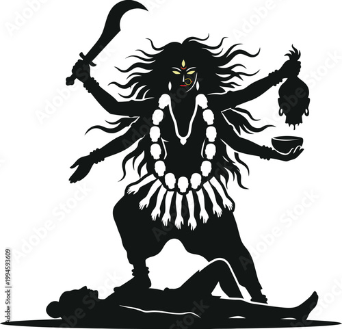 Fierce Hindu goddess Kali standing on a defeated figure with sword and skull cup Keywords: Kali, Hindu