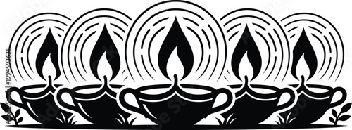 Five decorative black oil lamps with flames and radiating lines on a white background Keywords: diwali