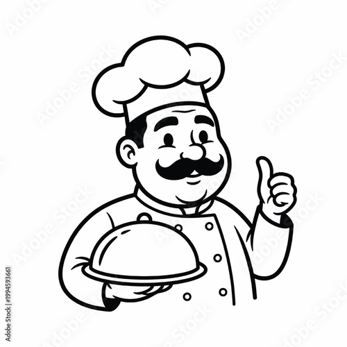 Chef character line art holding a serving dome and giving a thumbs up with a friendly cartoon smile featuring illustration, cook, culinary with