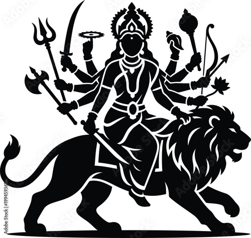 Goddess Durga astride a powerful lion, wielding numerous and symbols in a striking silhouette vahana