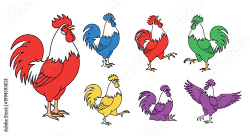 Colorful cartoon roosters and chickens standing.