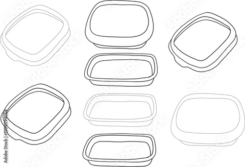 Cat litter box line art set clean doodle style empty tray pet care doodle clipart kitten training to litter box tutorial minimal black outline flat icon vet clinic pet shop hygiene products concept