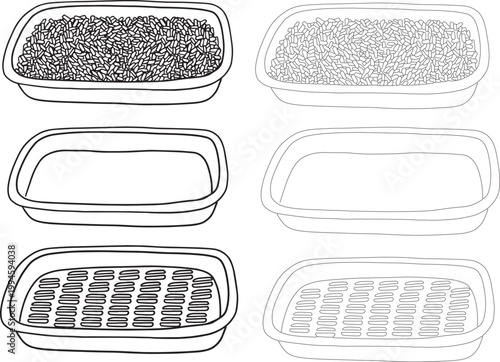 Cat litter box line art set clean doodle style empty tray pet care doodle clipart kitten training to litter box tutorial minimal black outline flat icon vet clinic pet shop hygiene products concept