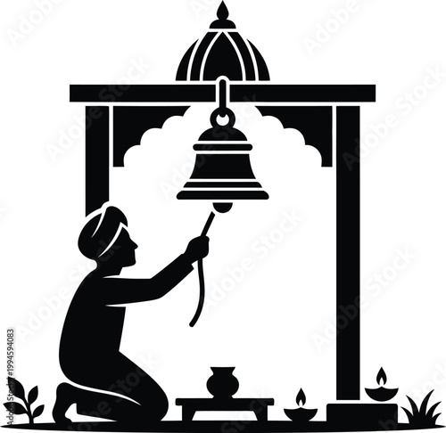 Silhouette of a man in a turban kneeling and ringing a bell in a temple structure with oil lamps... prayer
