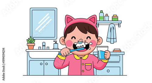 Happy Child Brushing Teeth in Bathroom, Morning Routine, Dental Care