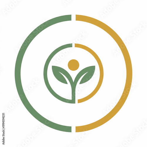 Eco sustainability logo with green leaf sprout inside circular ring and gold and green geometric accents