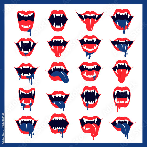 Vampire Mouths Collection: Fangs, Red Lips, Dripping Blood, Tongue Out