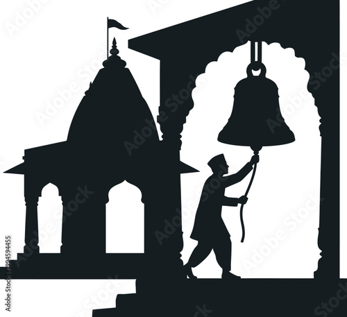 Silhouette of Man Ringing Bell at Temple Entrance