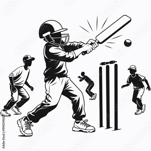 A dynamic black and white illustration captures a young cricketer in full gear powerfully swinging a bat, with other players and wickets silhouetted in motion during a match.