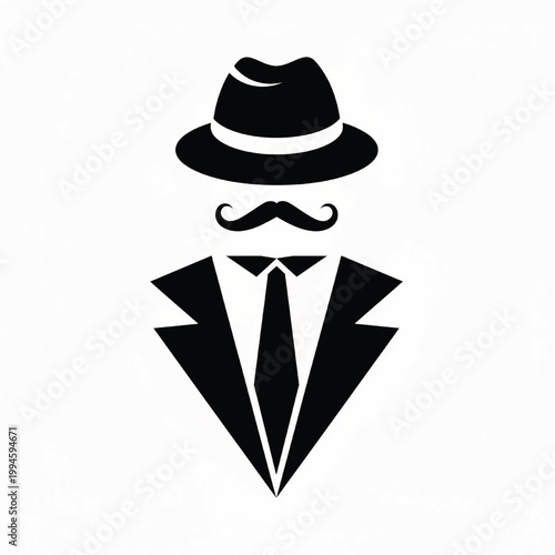 Suit jacket and hat icon with bow tie and mustache, classic gentleman style for party, avatar, and logo design