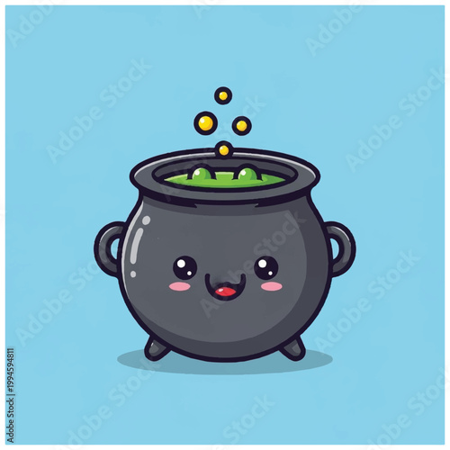 Cute Cartoon Witch Cauldron with Bubbling Potion.