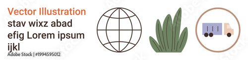 Sustainable practices, global logistics, eco-friendly transport, supply chain, nature conservation, environmental awareness. Globe, leaves truck illustration. Sustainable practices and global
